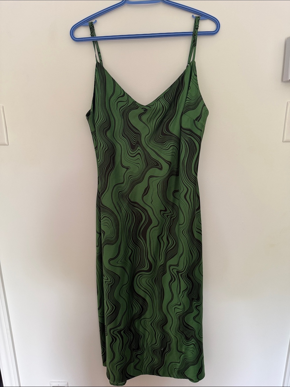 Dynamite Dark Green Slip Midi Dress with Swirl Print